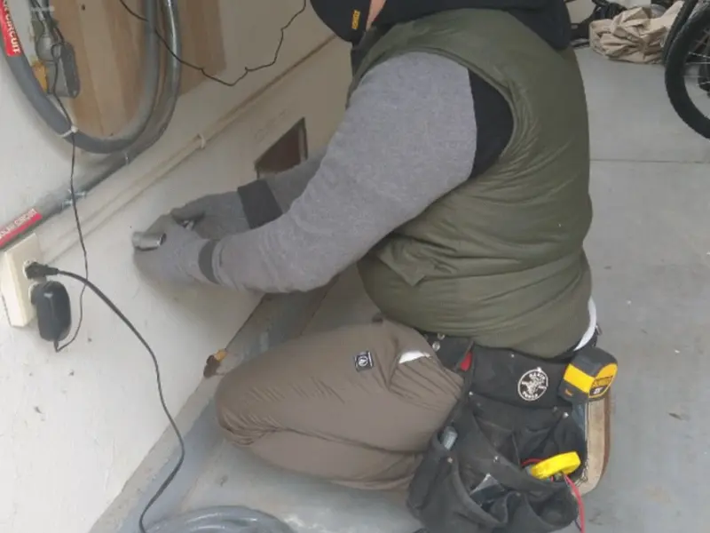 Electrician performing outlet wiring in a Byron garage
